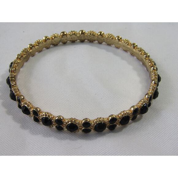 Gold Tone Black Bead Wrist Bangle Bracelet 8 1/2" Minimal Neutral Oval Elegant - Picture 3 of 5
